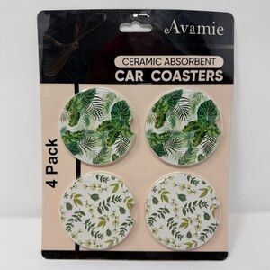 NIB Avamie Ceramic Car Coasters, Set of 4 Four, plants, leaf, floral, palm, tree
